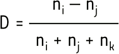 $\mathrm D=\frac{{\mathrm n}_{\mathrm i}-{\mathrm n}_{\mathrm j}}{{\mathrm n}_{\mathrm i}+{\mathrm n}_{\mathrm j}+{\mathrm n}_{\mathrm k}}$